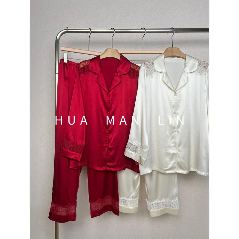 【花满林】翻领拼蕾丝桑蚕丝真丝睡衣套装22255