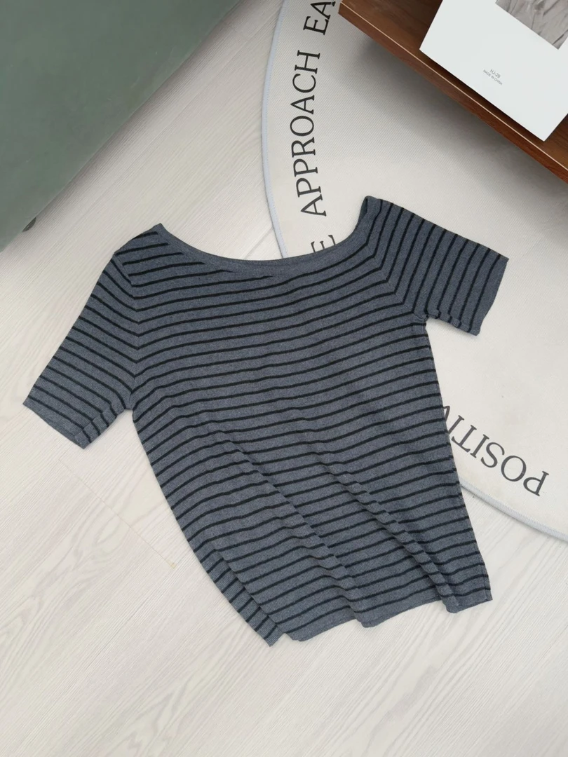lin’家新款，巨好穿【斜肩】百搭条纹针织短袖- 1005