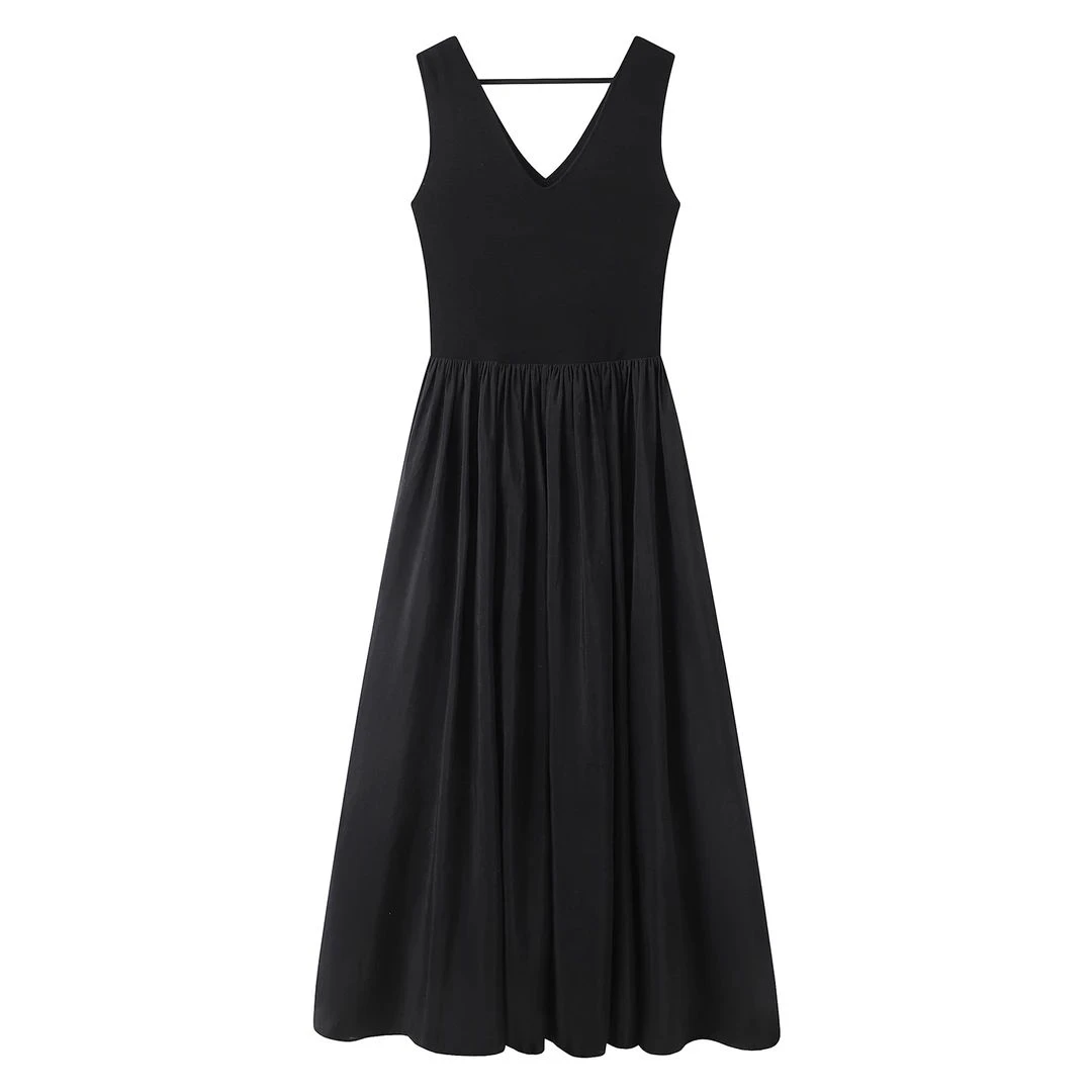 【艾家】商场同款2025夏新款百搭无袖V领针织拼接连衣裙女9866