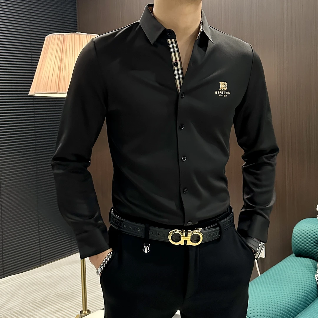 （珍珍男装）加绒加厚显瘦简约时尚男士全扣修身时尚潮流长袖衬