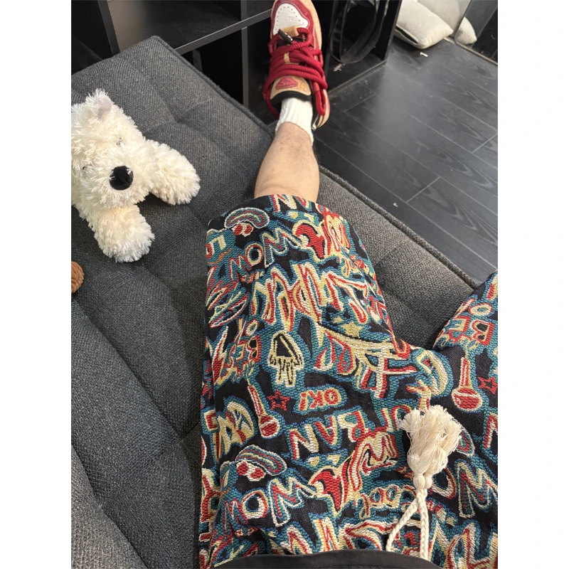 民族风涂鸦针织满印短裤男夏季美式夏威夷沙滩裤子宽松运动五分裤