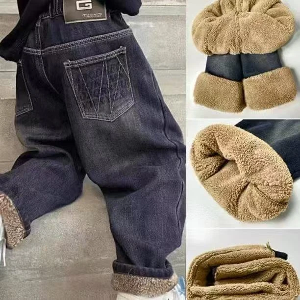 【一条过冬羔羔绒】男童加绒牛仔裤羊羔绒加厚冬季裤子男孩宽松裤子