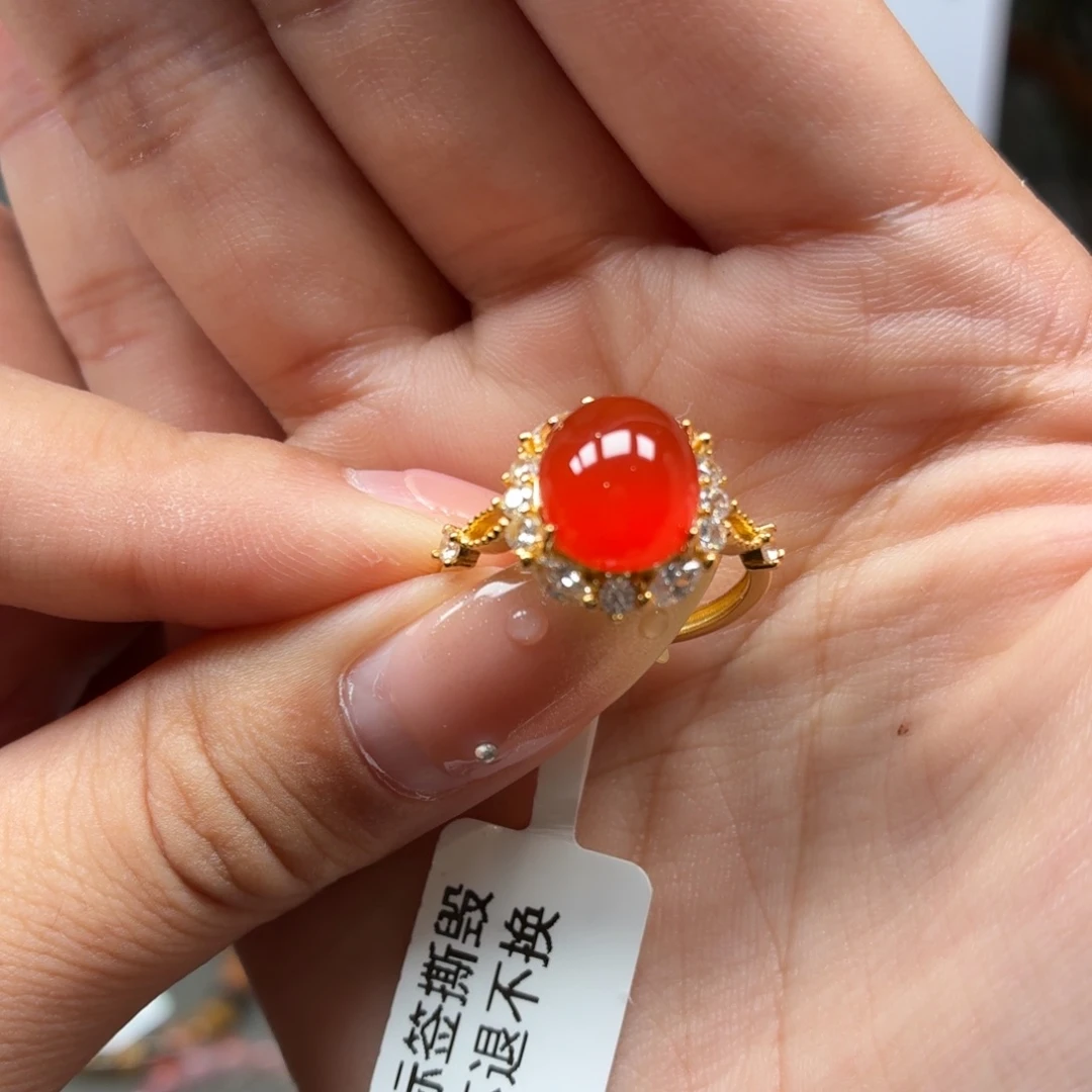 南红玛瑙银S925镶嵌女戒原矿保山南红小庄冰红女戒