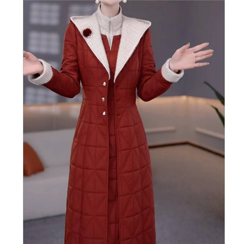 高档三防免洗夹棉连帽大衣两件套裙2025冬季新款中长款显瘦礼服裙