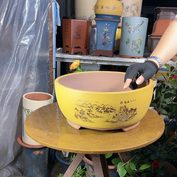 宜兴紫砂花盆黄江山如画大