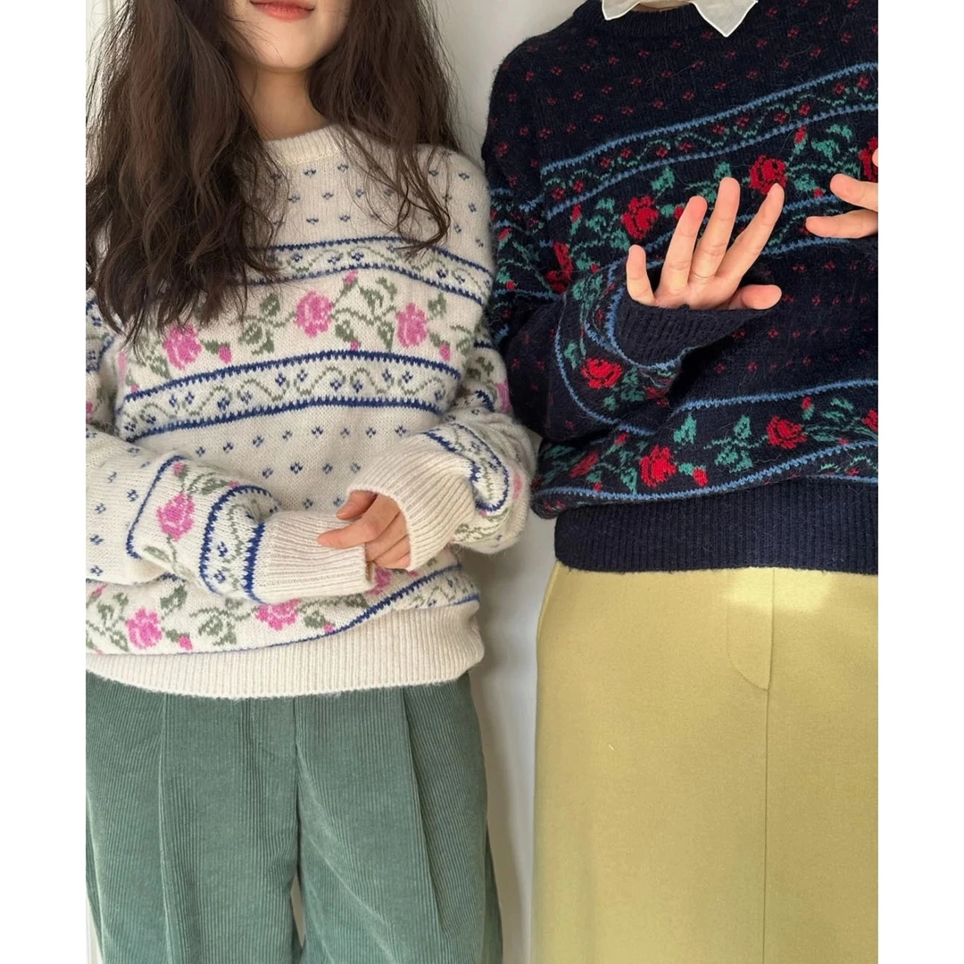 韩国sie*ne玫瑰提花复古浪漫风冬设计圆领套头针织衫毛衣