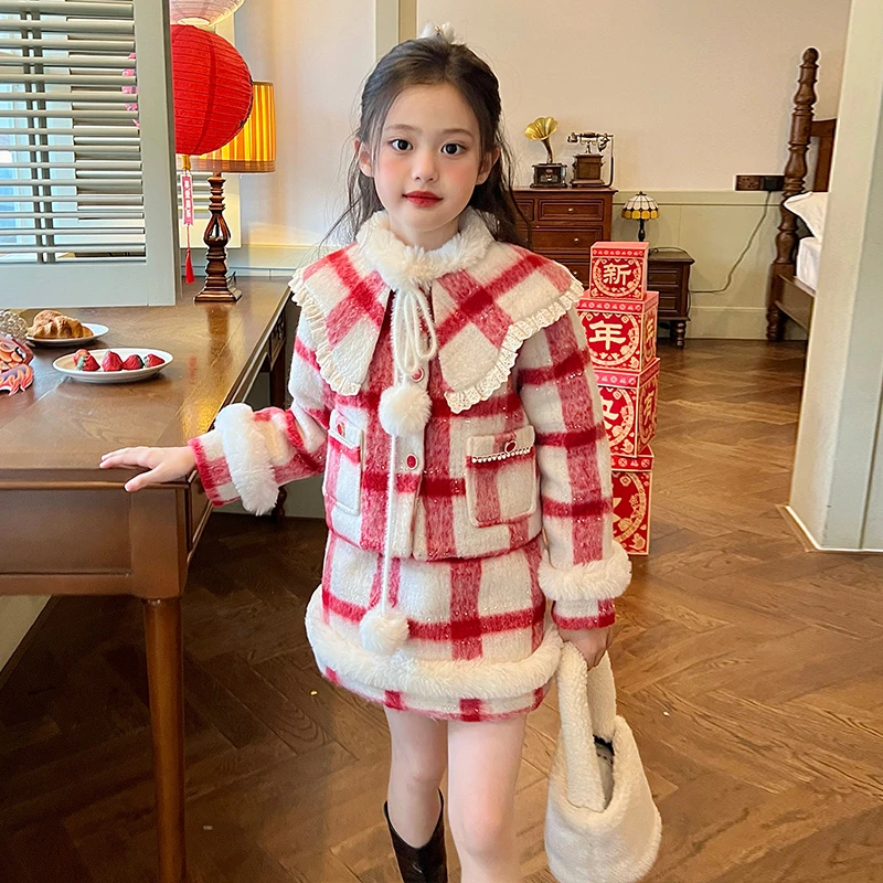 栀了成长记童装女童毛呢格子套装冬装儿童宝宝夹棉小香风新年衣服