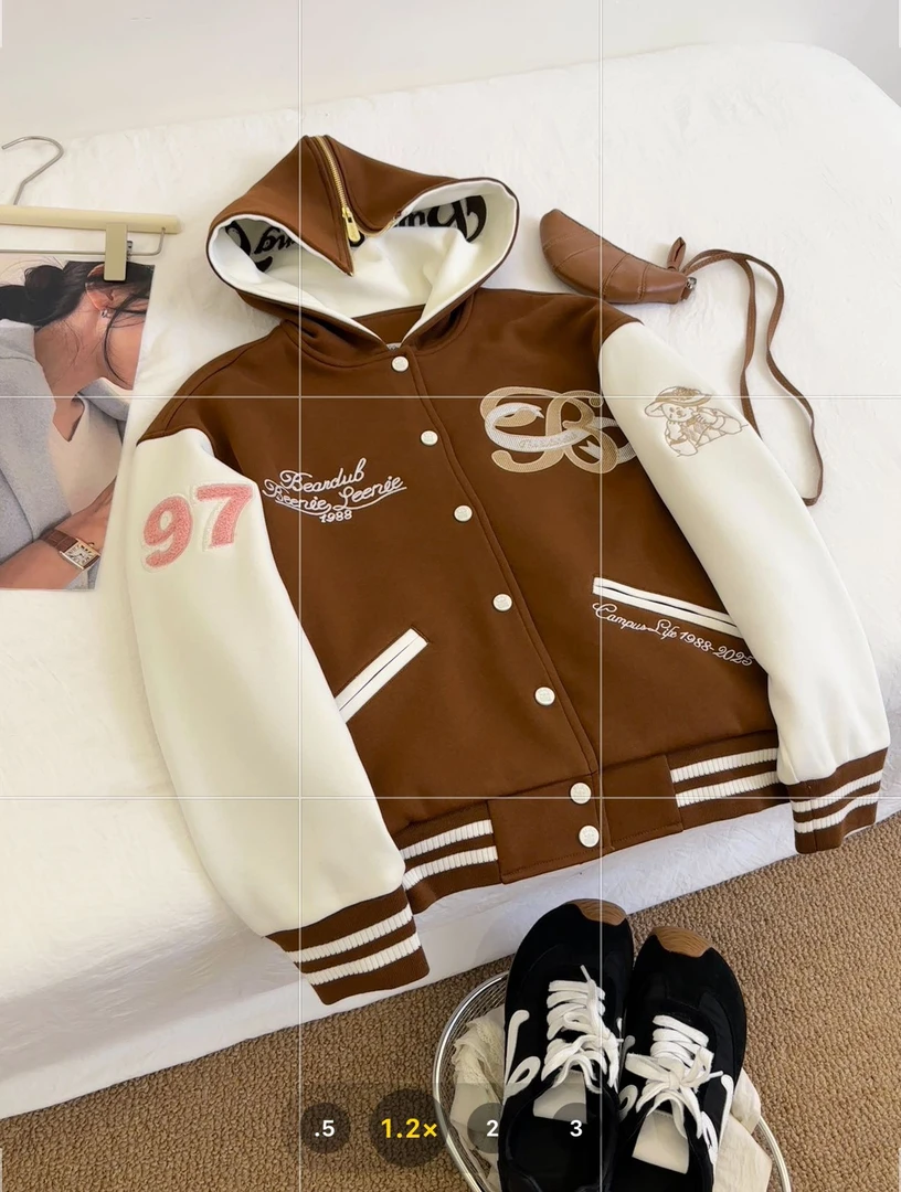 美拉德刺绣外套棒球服宽松连帽卫衣复古时尚撞色螺纹韩系设计款