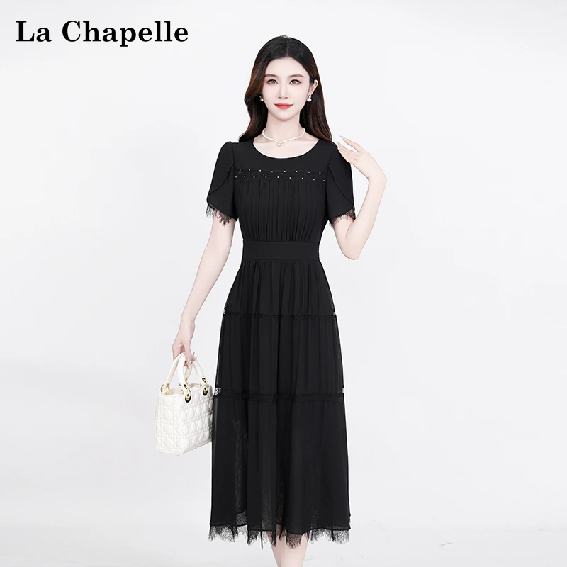 La Chapelle/拉夏贝尔夏季法式设计感黑色显瘦松紧腰短袖连衣裙