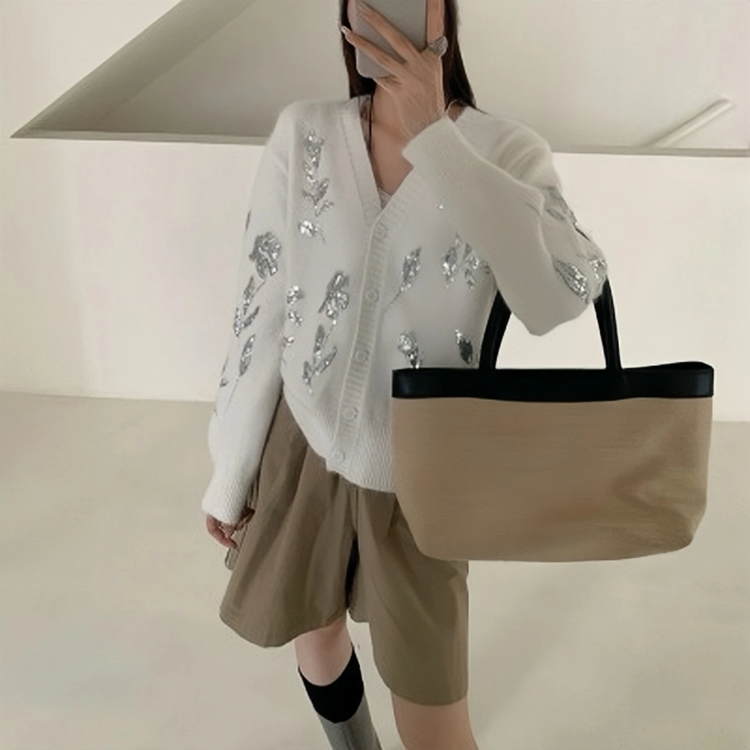 亮片花朵开衫女温柔风羊驼绒毛衣X-9114