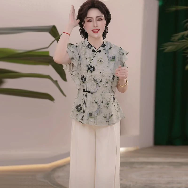 2025新款妈妈装新国风夏装时尚中老年女装洋气t恤小衫上衣服套装