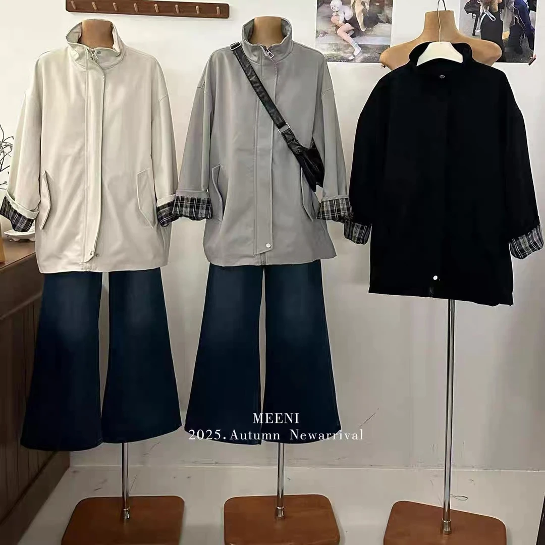 韩系简约中长款两面穿立领暗扣风衣外套女2025春秋季新款宽松休闲