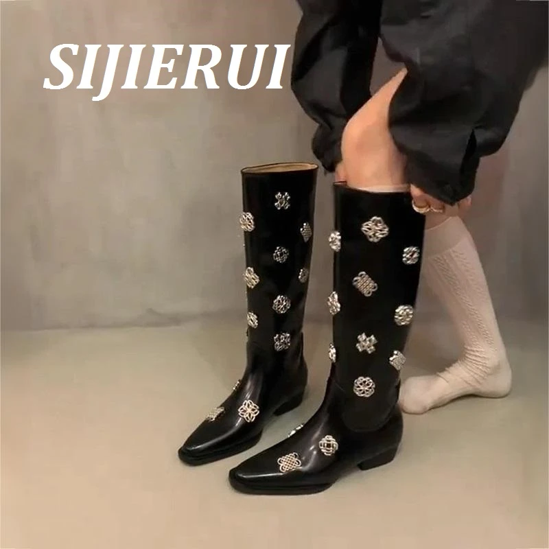 SIJIERUI时尚个性金属扣高筒骑士靴女欧美风真皮百搭不过膝直筒靴