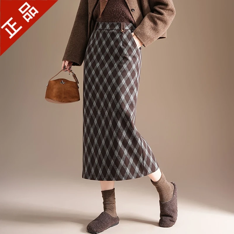 正品2025时尚格子毛呢半身裙女秋冬装新款高腰直筒后开叉包臀裙子
