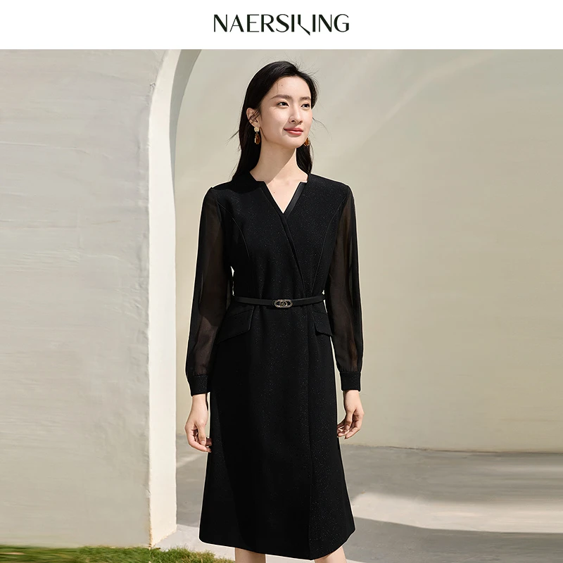 【商场同款】娜尔思灵连衣裙黑色收腰法式女装秋冬显瘦LF05866W0