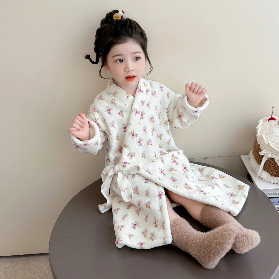 儿童吸水浴袍秋冬季法兰绒加厚小女孩宝宝浴衣浴巾女童法兰绒睡袍