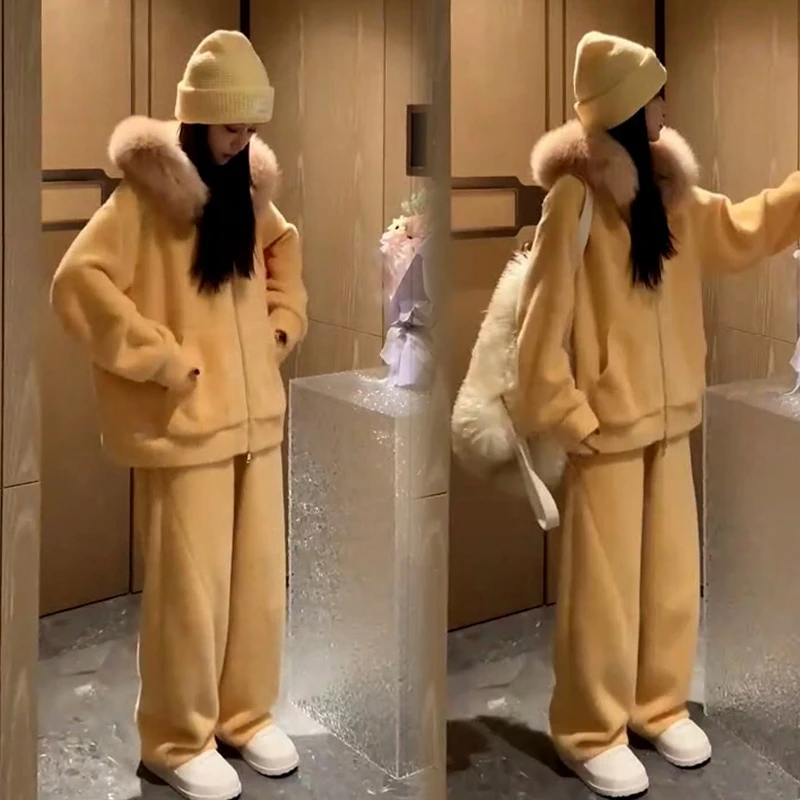 韩版温柔慵懒风套装女搭配一整套加厚毛领连帽卫衣外套长裤两件套