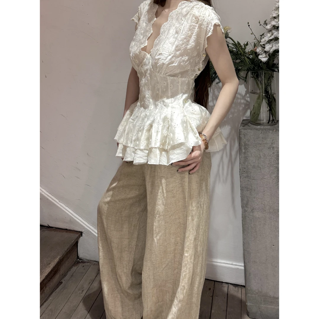 parkyeon法式小香风套装女漂亮独特高级感蕾丝上衣宽松阔腿长裤