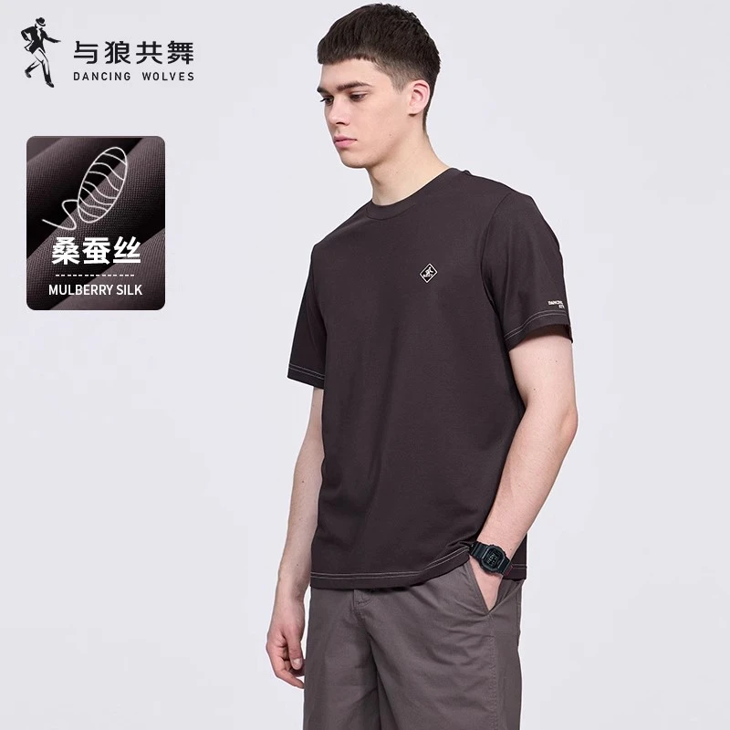 【含桑蚕丝】与狼共舞抗菌短袖T恤男士2025夏季新款刺绣圆领亲肤短T