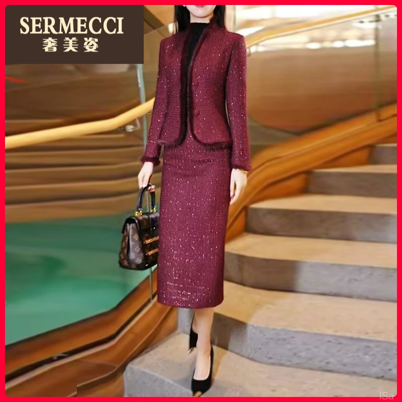 2025奢美姿酒红色小香风套装新款冬季高级感修身显瘦两件套