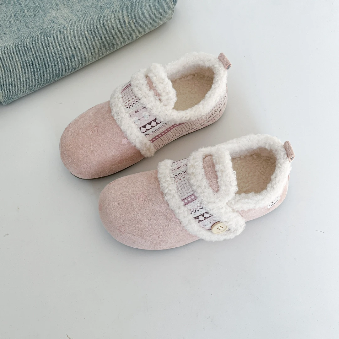 粉色加绒魔术贴毛毛鞋女2025冬季新款软底勃肯单鞋百搭保暖棉鞋潮