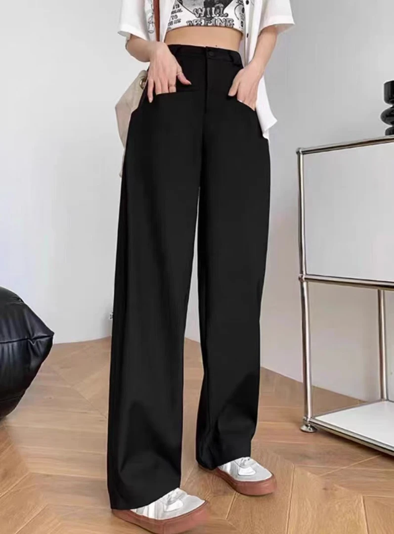 《松紧腰》黑色裤子直筒阔腿弯刀裤女