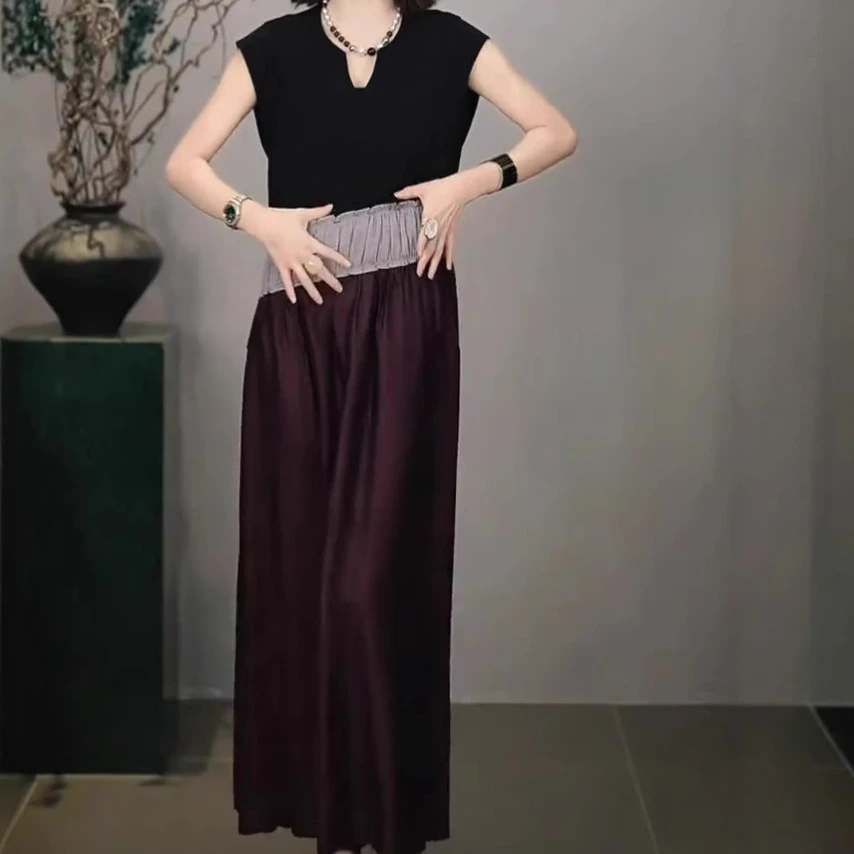 复古风设计师夏季通勤拼接长裙黑色V领及复古圆领时尚夏日连衣裙