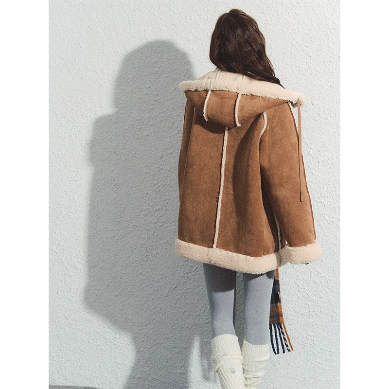 RECOIN R1C 棕色皮毛一体外套女冬季羊羔毛机车服宽松连帽高级感