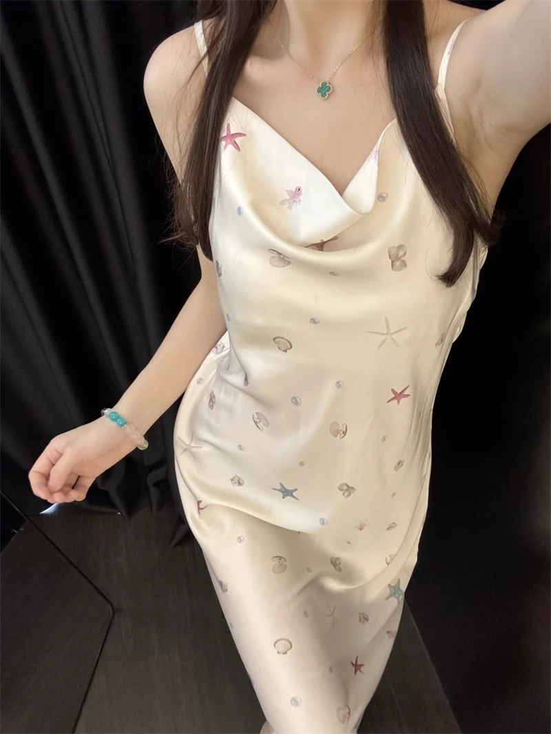 女士轻奢纯欲风沙滩贝壳印花冰丝吊带睡裙女款夏季新款家居连衣裙