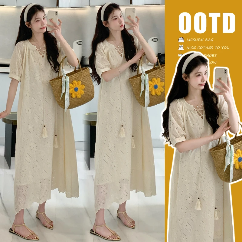 时髦孕妇装新款2025夏装新品韩版时尚宽松蕾丝遮肚气质法式连衣裙