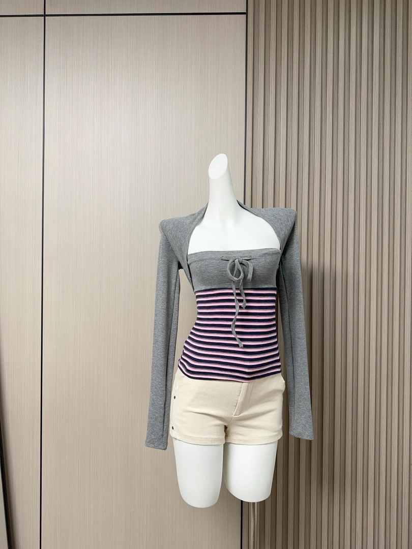 DKZ 复古修身针织坎肩条纹抹胸背心秋季新款两件套