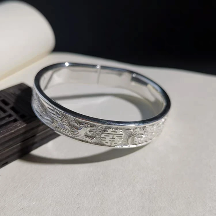 足银手镯 润土匠心【喜龙凤】足银999手工定制錾刻银手镯