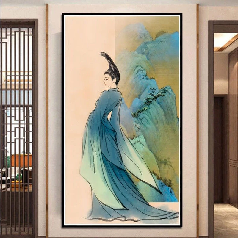 只此青绿十字绣新款玄关古风美女千里江山竖版玄关满绣40色无勾边