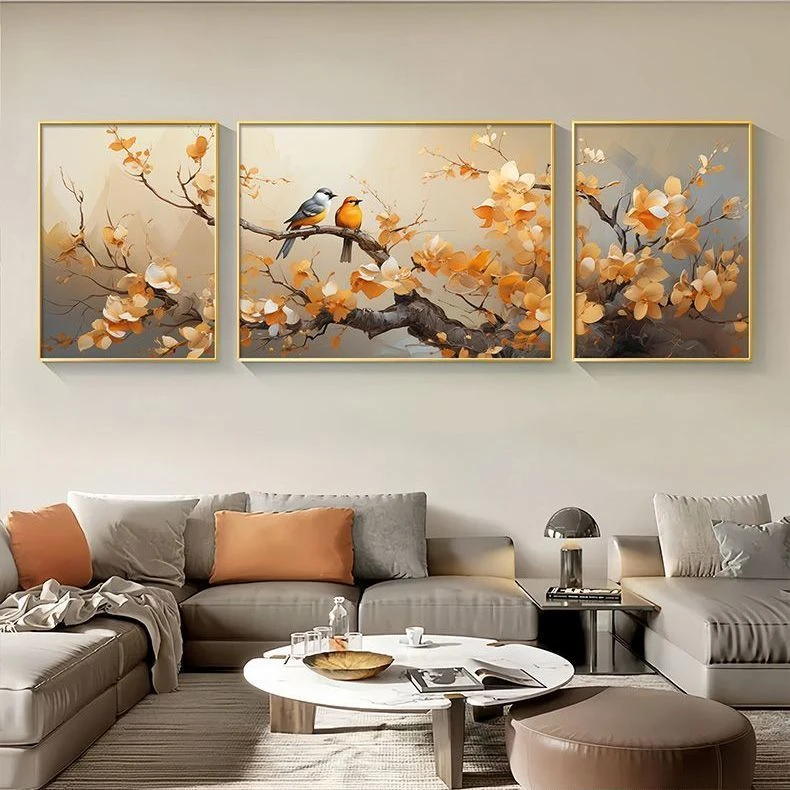 金枝玉叶客厅背景画高档中式简约沙发客厅墙喜鹊报喜挂画三联壁画