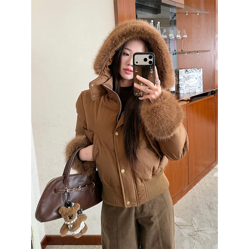 美拉德风棕色加厚毛领连帽棉服女冬季新款休闲百搭保暖气质棉袄潮