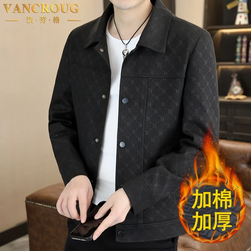 VANCROUG/法劳格夹克男士秋冬新款加厚修身翻领痞帅毛呢百搭外套