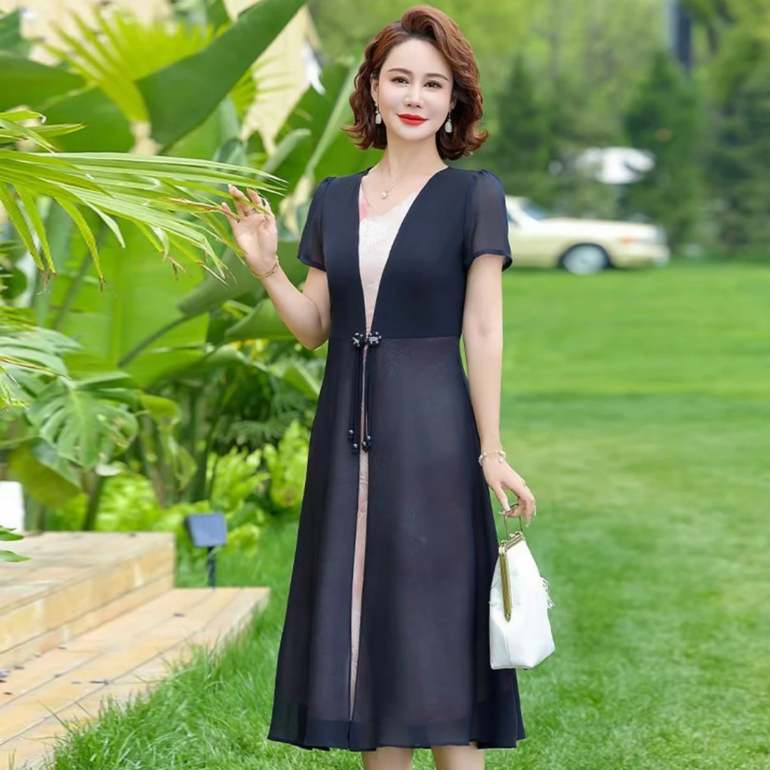 10058-中年妈妈夏装气质连衣裙中老年女装时尚收腰显瘦裙子【F仓】