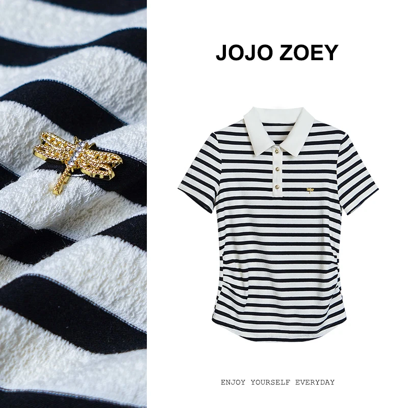 JOJO ZOEY【早春夏梦花墙】~设计感黑白条纹女短袖翻领T恤dx-t282