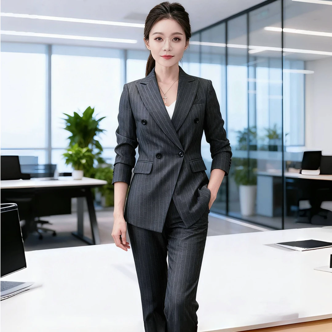 2025新品通勤白领套装休闲灰色西装冬季职业条纹西服套装修身显瘦