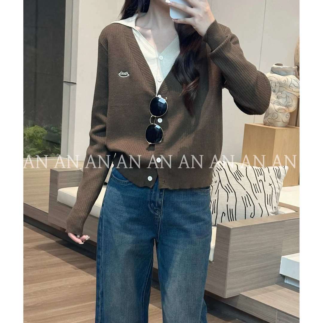 C08276秋季新款清新减龄文艺显瘦撞色字母刺绣假两件针织衫