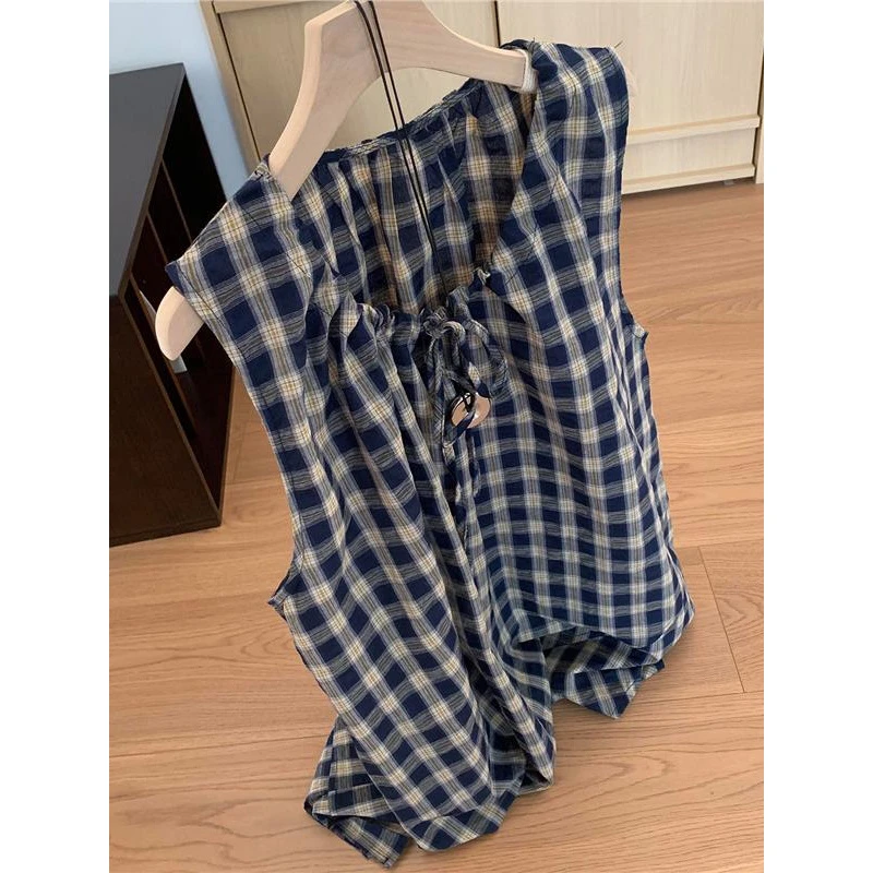 好看到心坎里！！美爆了复古蓝色格纹背心裙不规则设计感无袖连衣裙