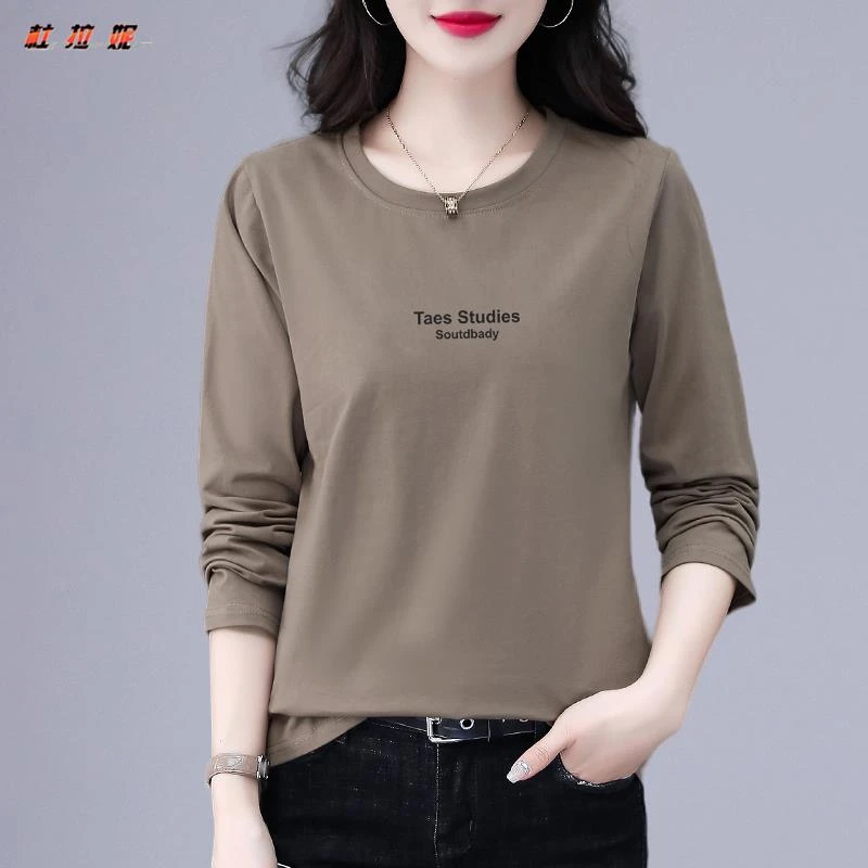 杜拉妮纯棉长袖t恤女士新款秋季大码宽松遮肚子圆领打底衫上衣ins