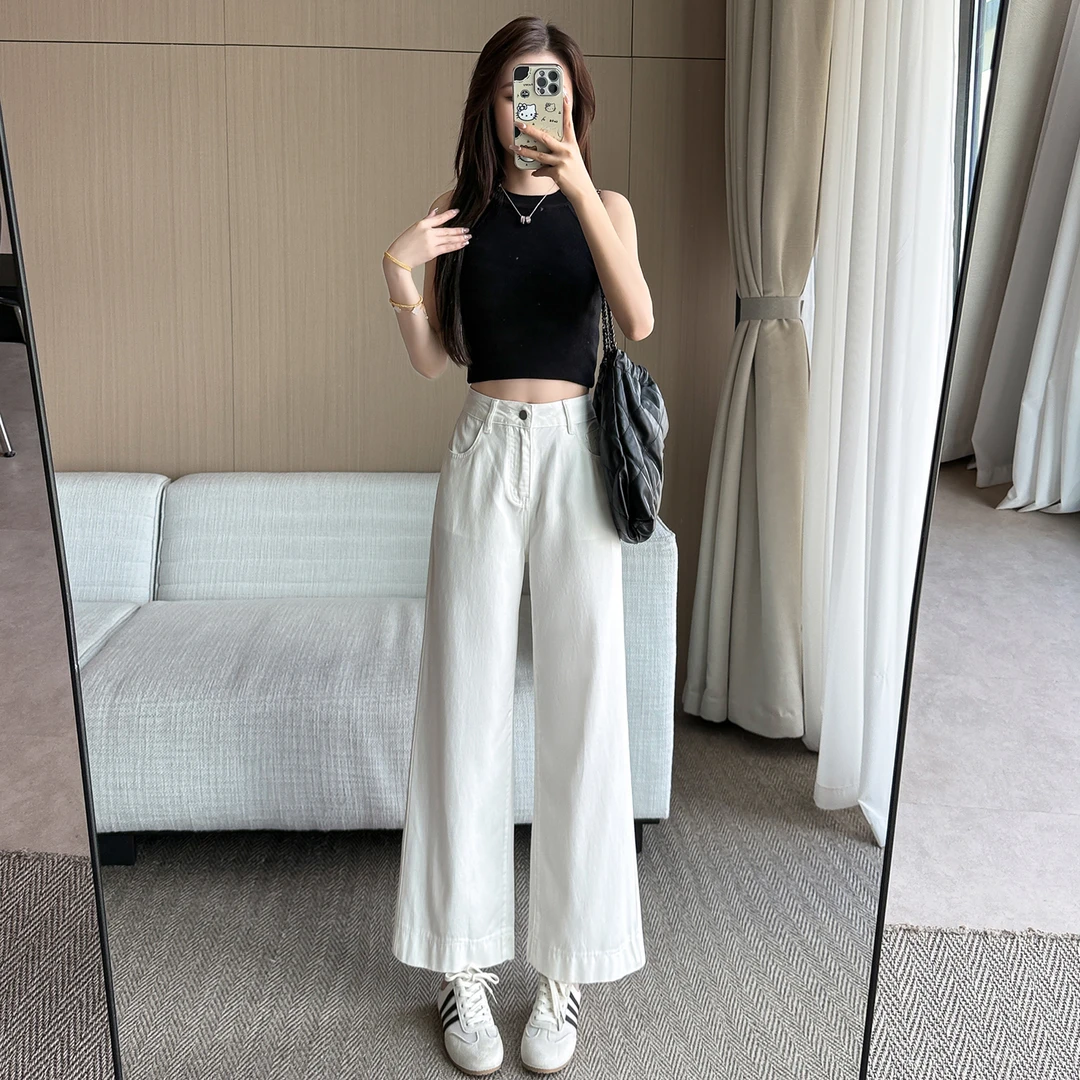小个子韩系女夏季宽松薄款高腰显瘦阔腿直筒九分长裤
