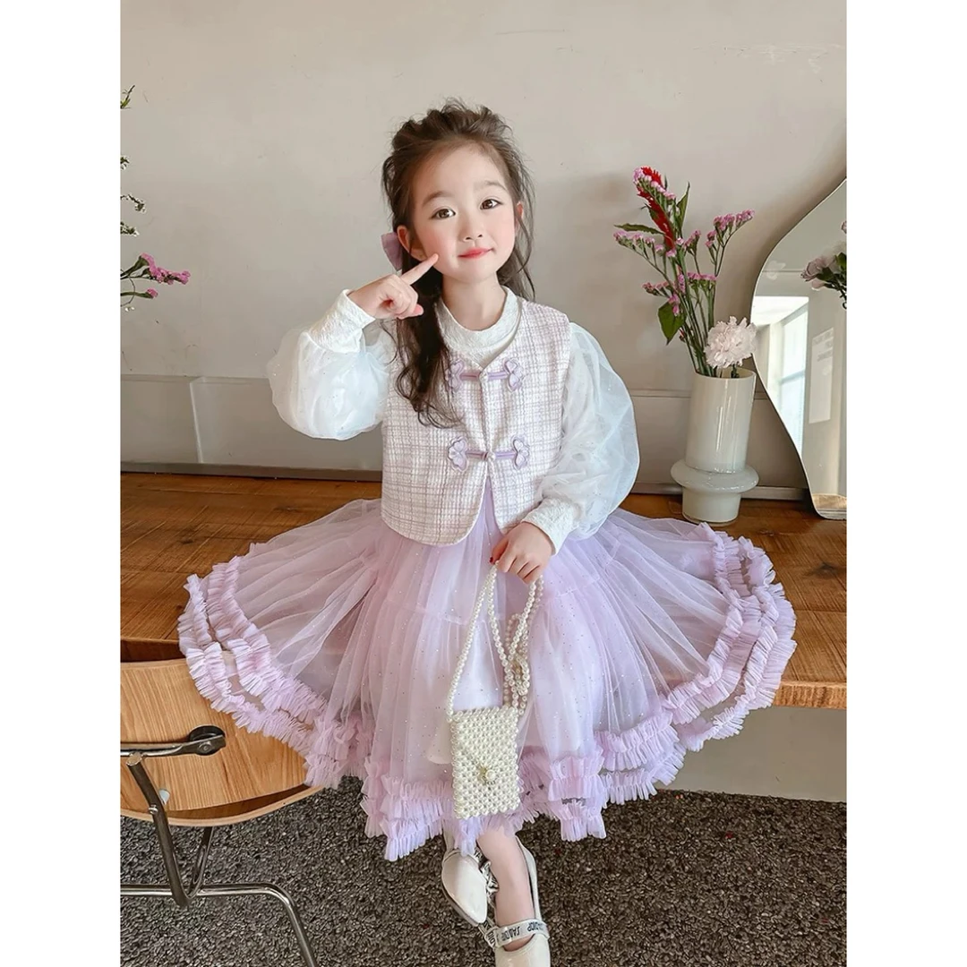 51020 女童秋季新款洋气小香风马甲＋公主网纱裙 两件套装 No退换