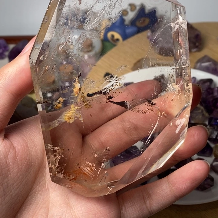 水晶未镶嵌珠宝半成品白水晶水胆纹路景石