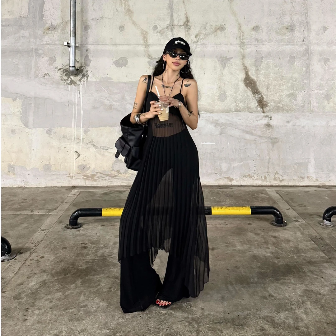 黑色吊带网纱拼接连衣裙女装夏季新款韩系炸街时尚百搭喇叭裤套装