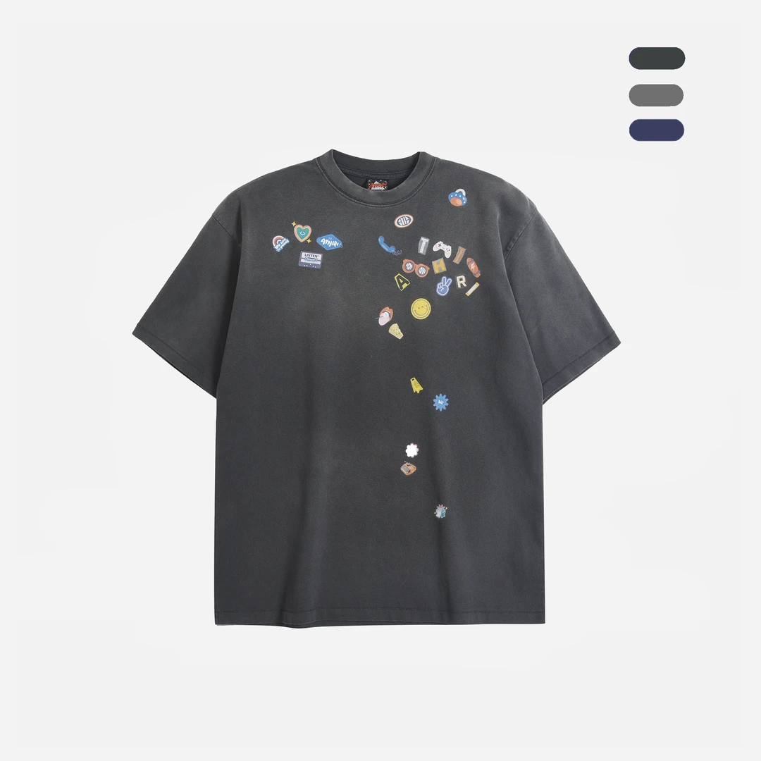 ATHIRI  趣味贴纸康丽印花成衣染色水洗做旧Vintage单缝线短袖t恤