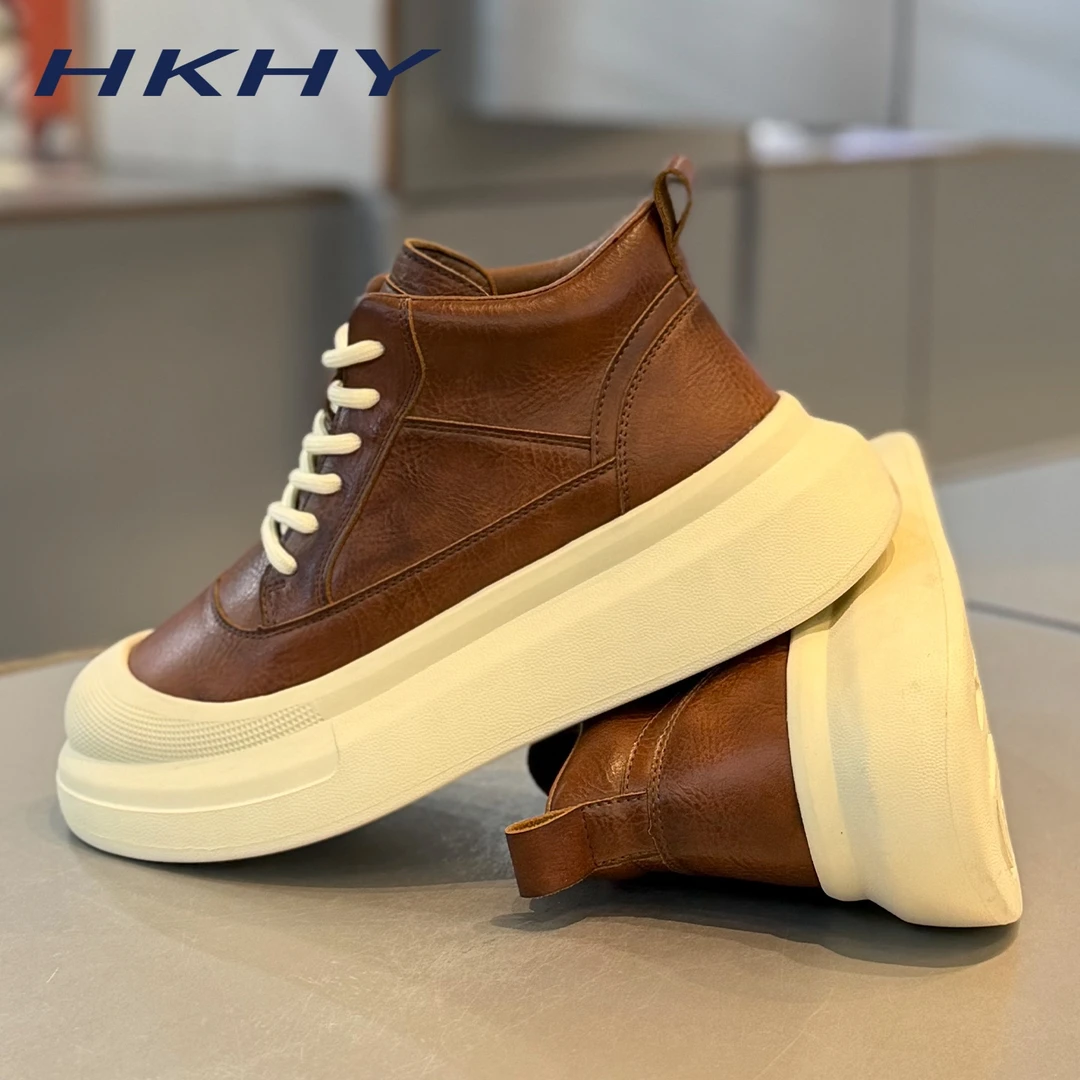 HKHY男鞋欧洲站时尚经典高帮鞋秋冬季加绒保暖皮面轻便运动休闲鞋