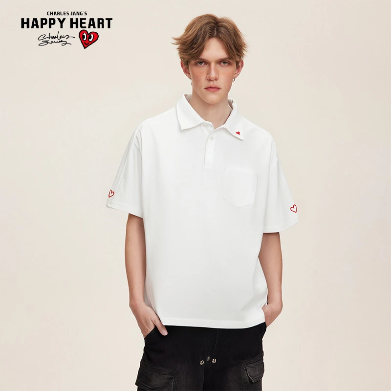 查尔斯桃心 纯棉短袖男女夏季宽松型Polo衫男装印花透气情侣户外