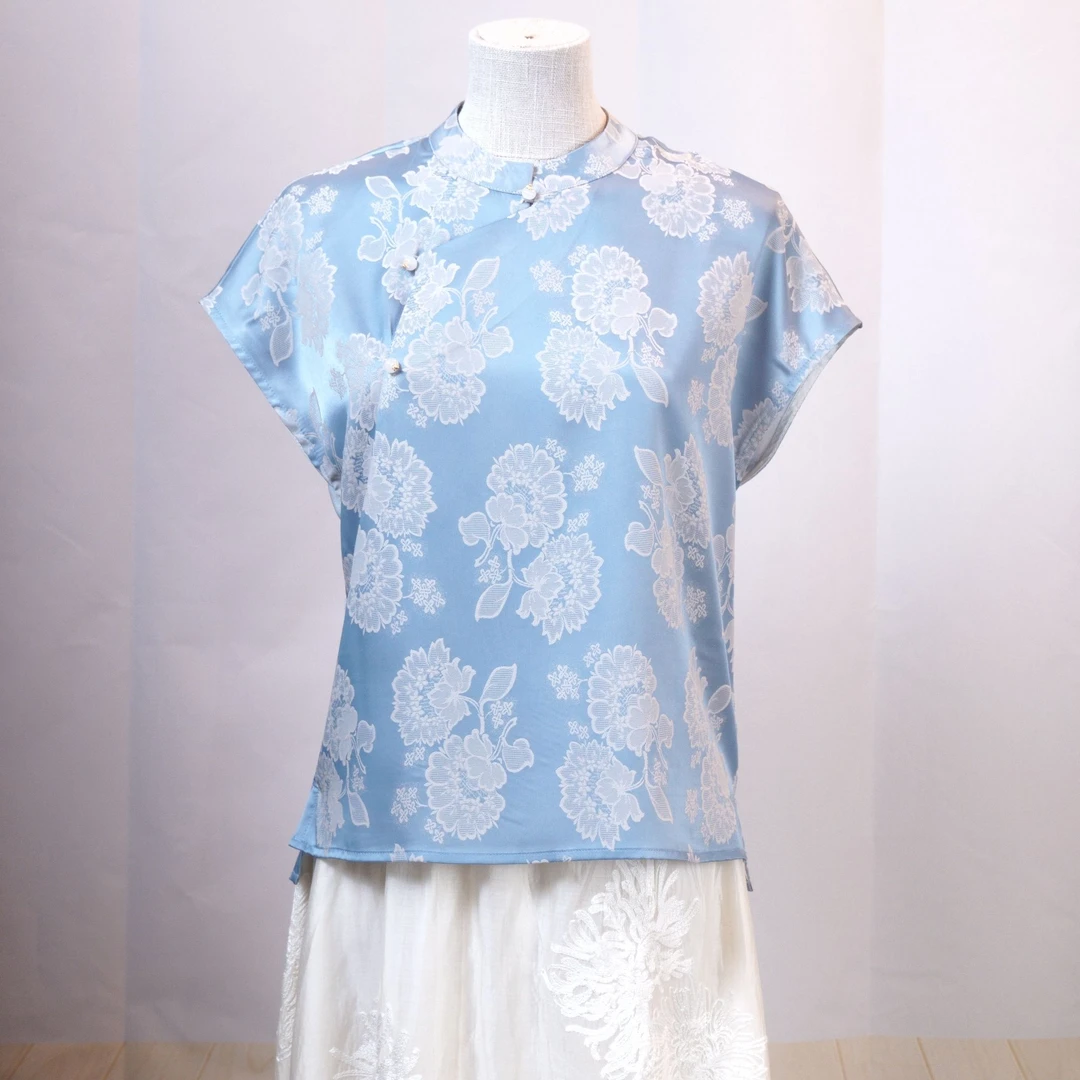 夏季短袖上衣提花花纹常规款薄款中国风气质中式立领小衫